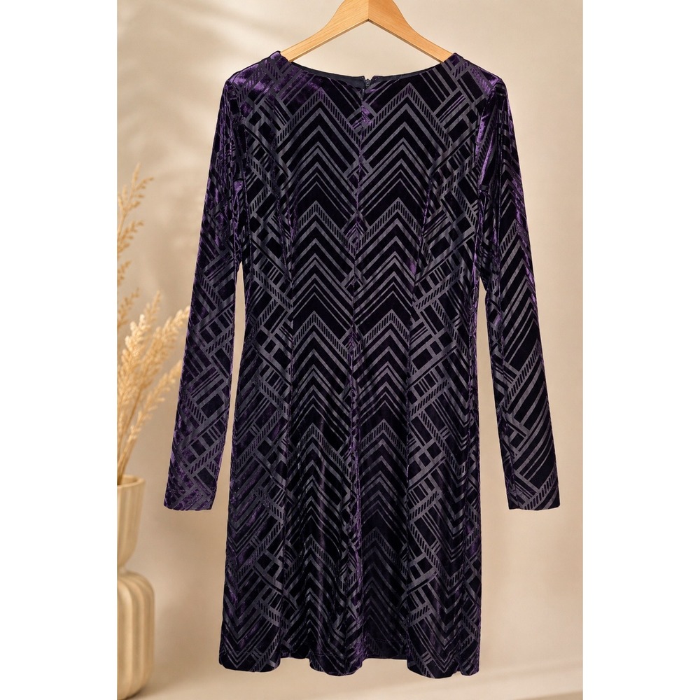 Vince Camuto Purple Black Geometric Burnout Velvet Long Sleeve Shift Dress 8